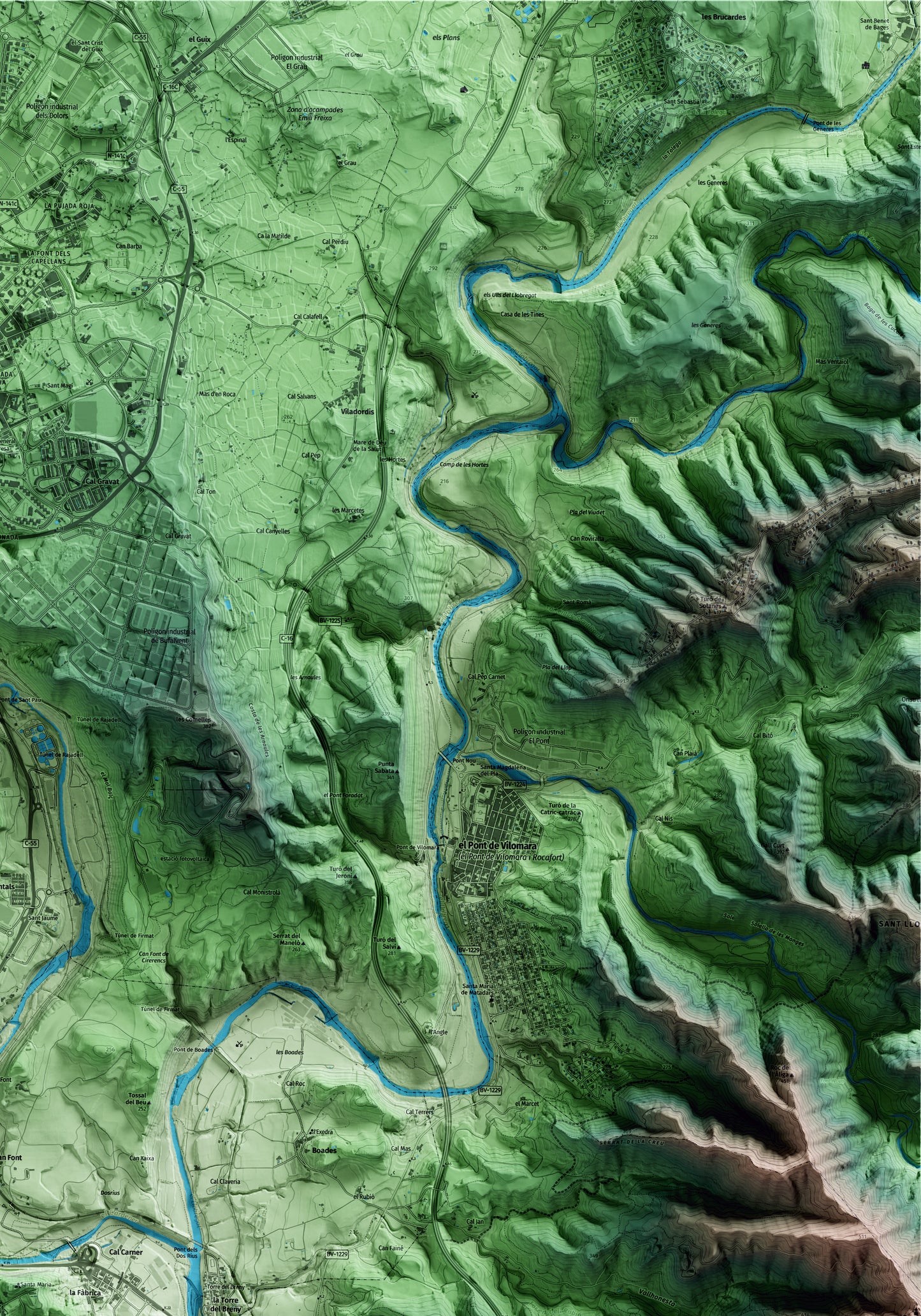 Mapa artístico del relieve de Castellgalí, al Bages, con 15 km de entorno y base topográfica ICGC. Detalle de la zona superior derecha.