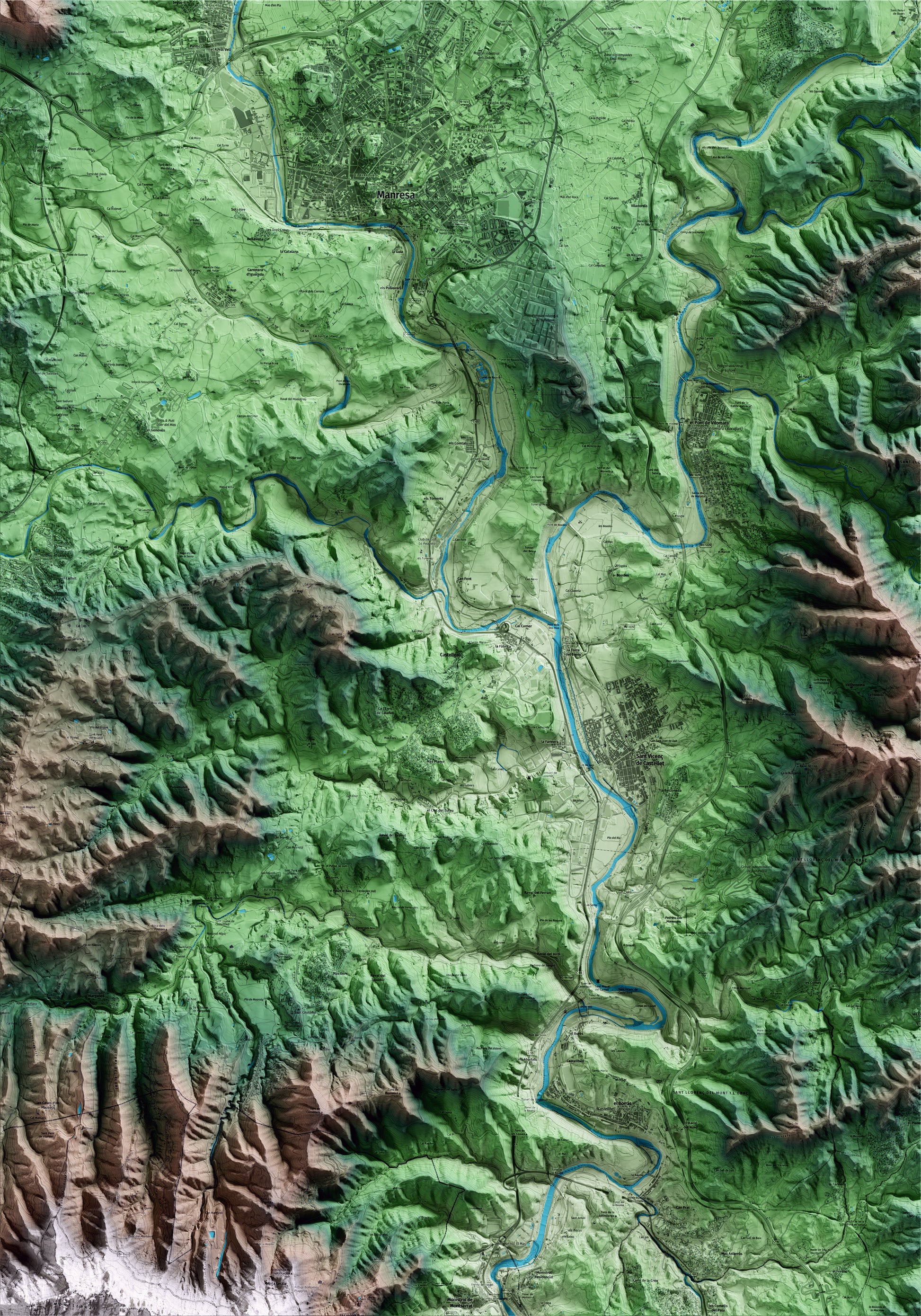 Mapa artístico del relieve de Castellgalí, al Bages, con 15 km de entorno y base topográfica ICGC