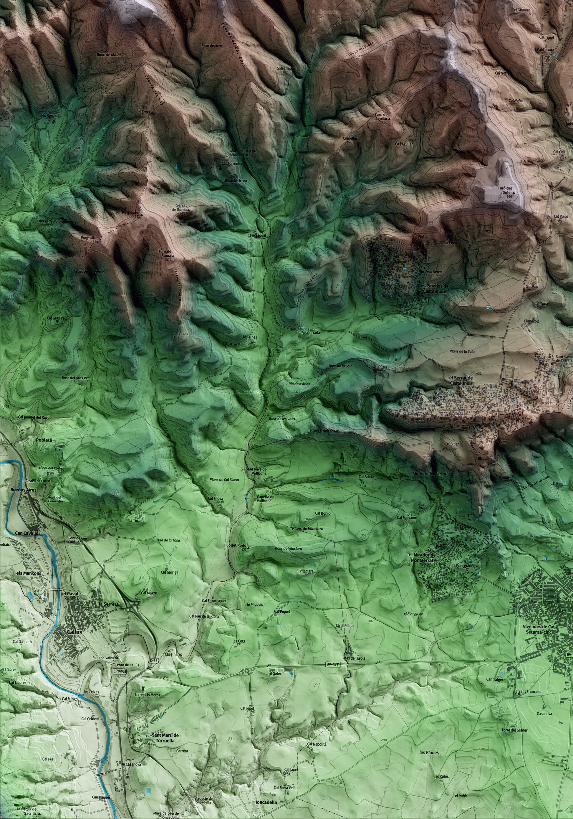 Mapa artístico del relieve de Castellnou de Bages, al Bages, con 15 km de entorno y base topográfica ICGC. Detalle de la zona inferior izquierda.