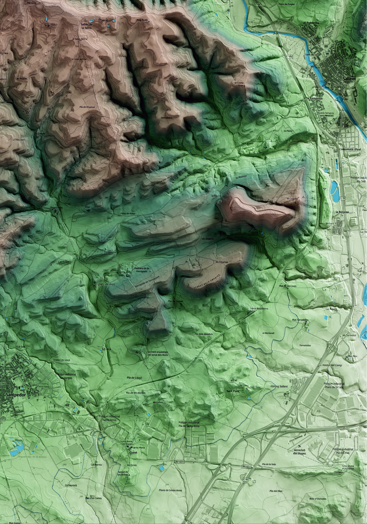 Mapa artístico del relieve de Castellnou de Bages, al Bages, con 15 km de entorno y base topográfica ICGC. Detalle de la zona inferior derecha.