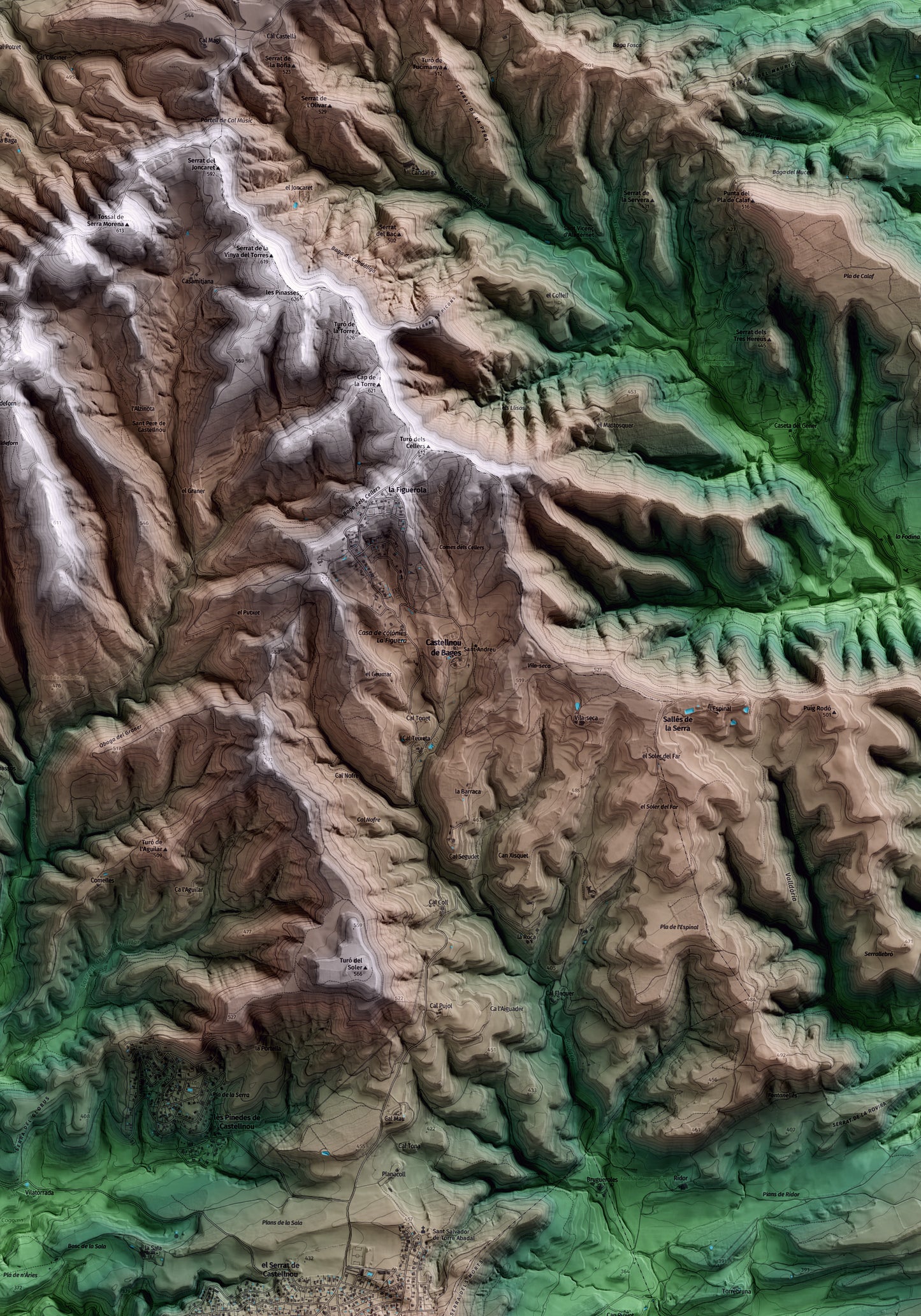 Mapa artístico del relieve de Castellnou de Bages, al Bages, con 15 km de entorno y base topográfica ICGC. Detalle de la zona central.