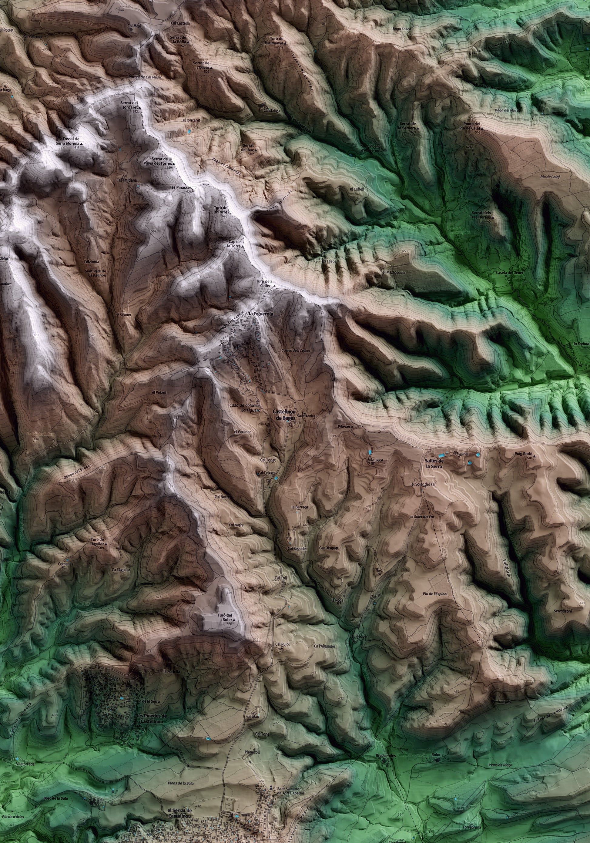 Mapa artístico del relieve de Castellnou de Bages, al Bages, con 15 km de entorno y base topográfica ICGC. Detalle de la zona central.