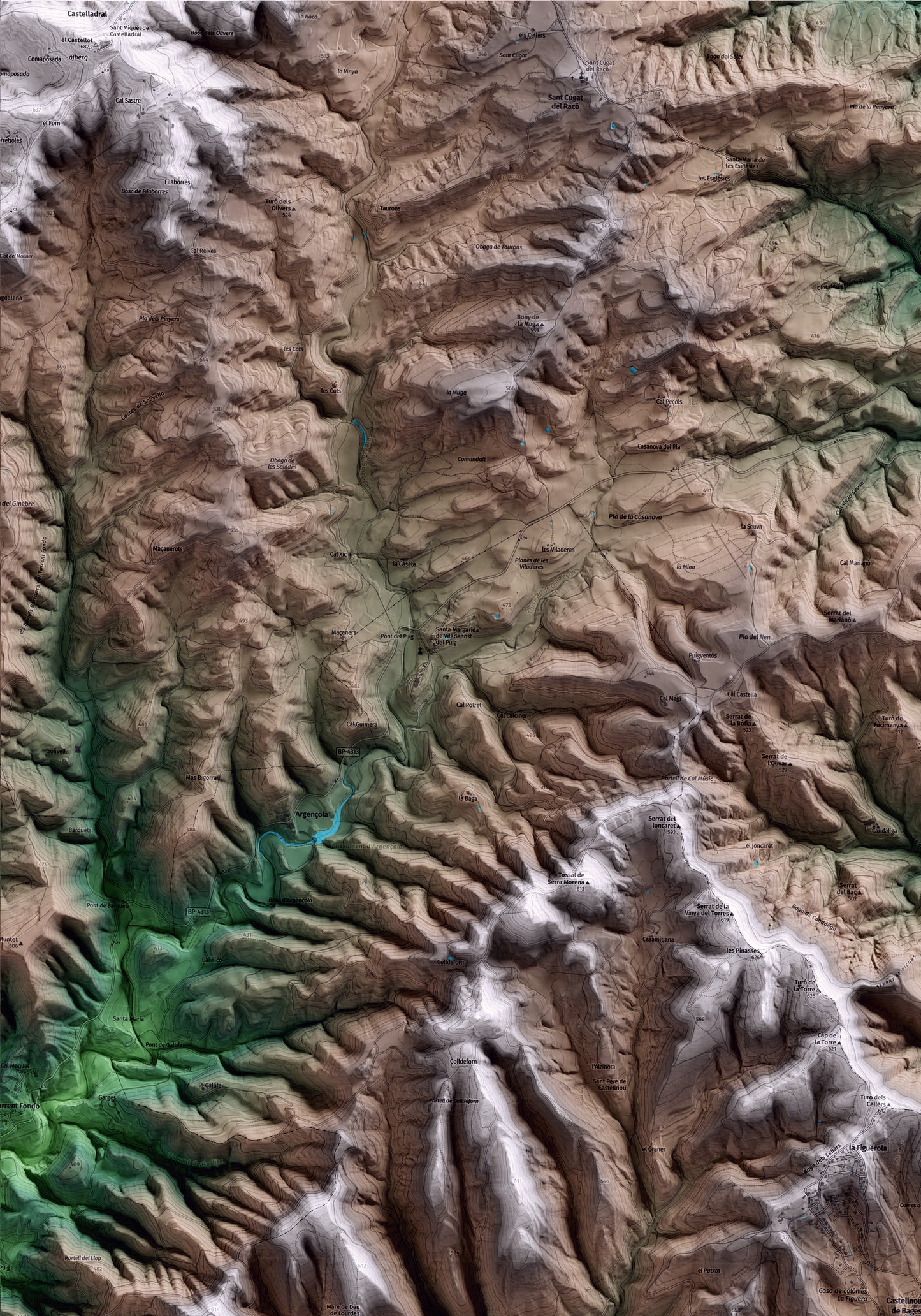 Mapa artístico del relieve de Castellnou de Bages, al Bages, con 15 km de entorno y base topográfica ICGC. Detalle de la zona superior izquierda.