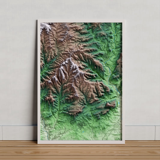 Mapa artístico del relieve de Castellnou de Bages, al Bages, con 15 km de entorno y base topográfica ICGC. Presentación enmarcada.