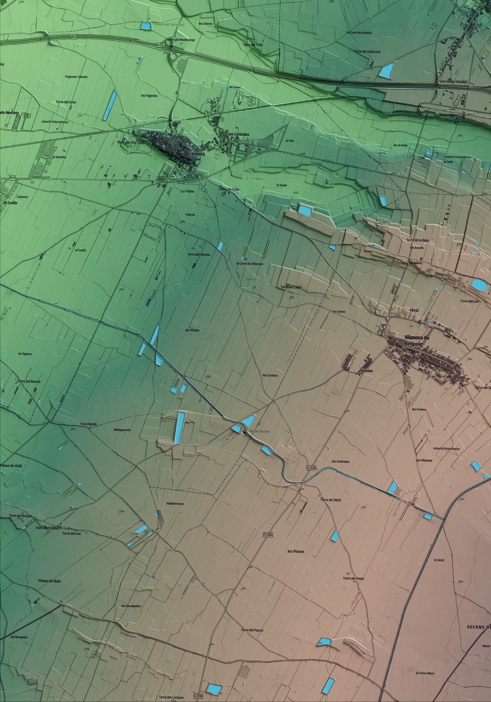 Mapa artístico del relieve de Castellnou de Seana, en el Pla d'Urgell, con 15 km de entorno y base topográfica ICGC. Detalle de la zona inferior izquierda.