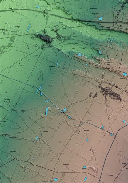 Mapa artístico del relieve de Castellnou de Seana, en el Pla d'Urgell, con 15 km de entorno y base topográfica ICGC. Detalle de la zona inferior izquierda.