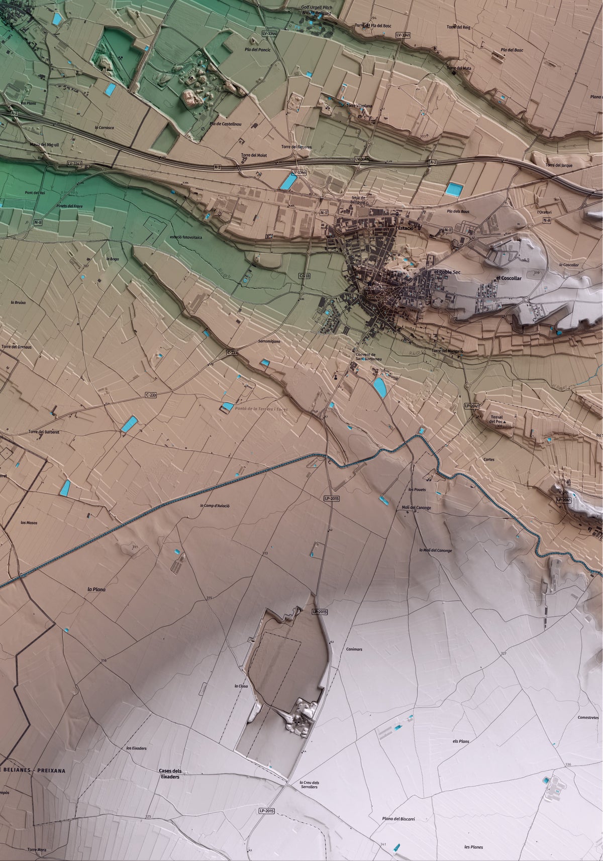 Mapa artístico del relieve de Castellnou de Seana, en el Pla d'Urgell, con 15 km de entorno y base topográfica ICGC. Detalle de la zona inferior derecha.