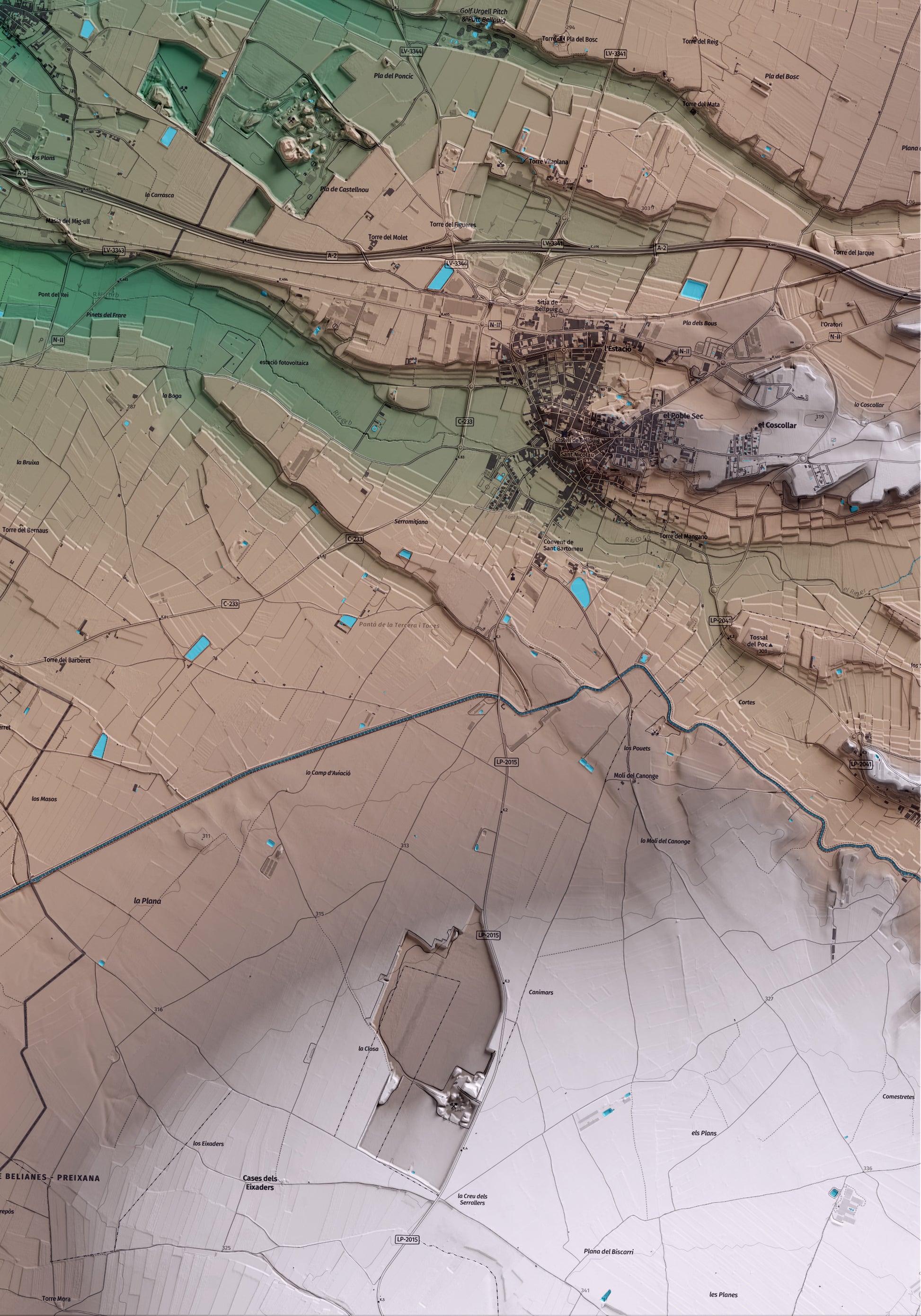 Mapa artístico del relieve de Castellnou de Seana, en el Pla d'Urgell, con 15 km de entorno y base topográfica ICGC. Detalle de la zona inferior derecha.