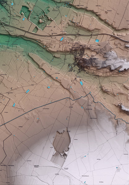 Mapa artístico del relieve de Castellnou de Seana, en el Pla d'Urgell, con 15 km de entorno y base topográfica ICGC. Detalle de la zona inferior derecha.