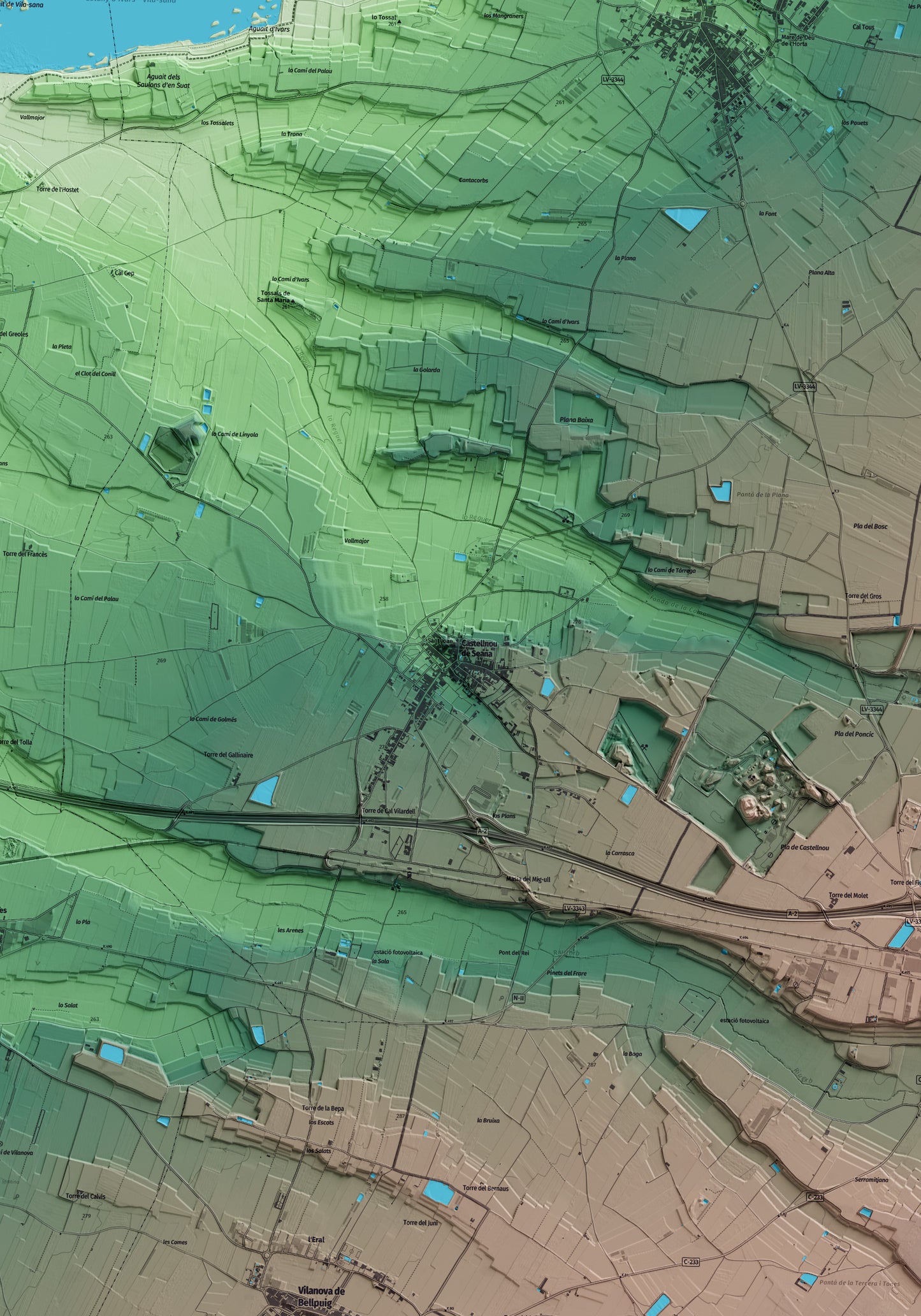 Mapa artístico del relieve de Castellnou de Seana, en el Pla d'Urgell, con 15 km de entorno y base topográfica ICGC. Detalle de la zona central.