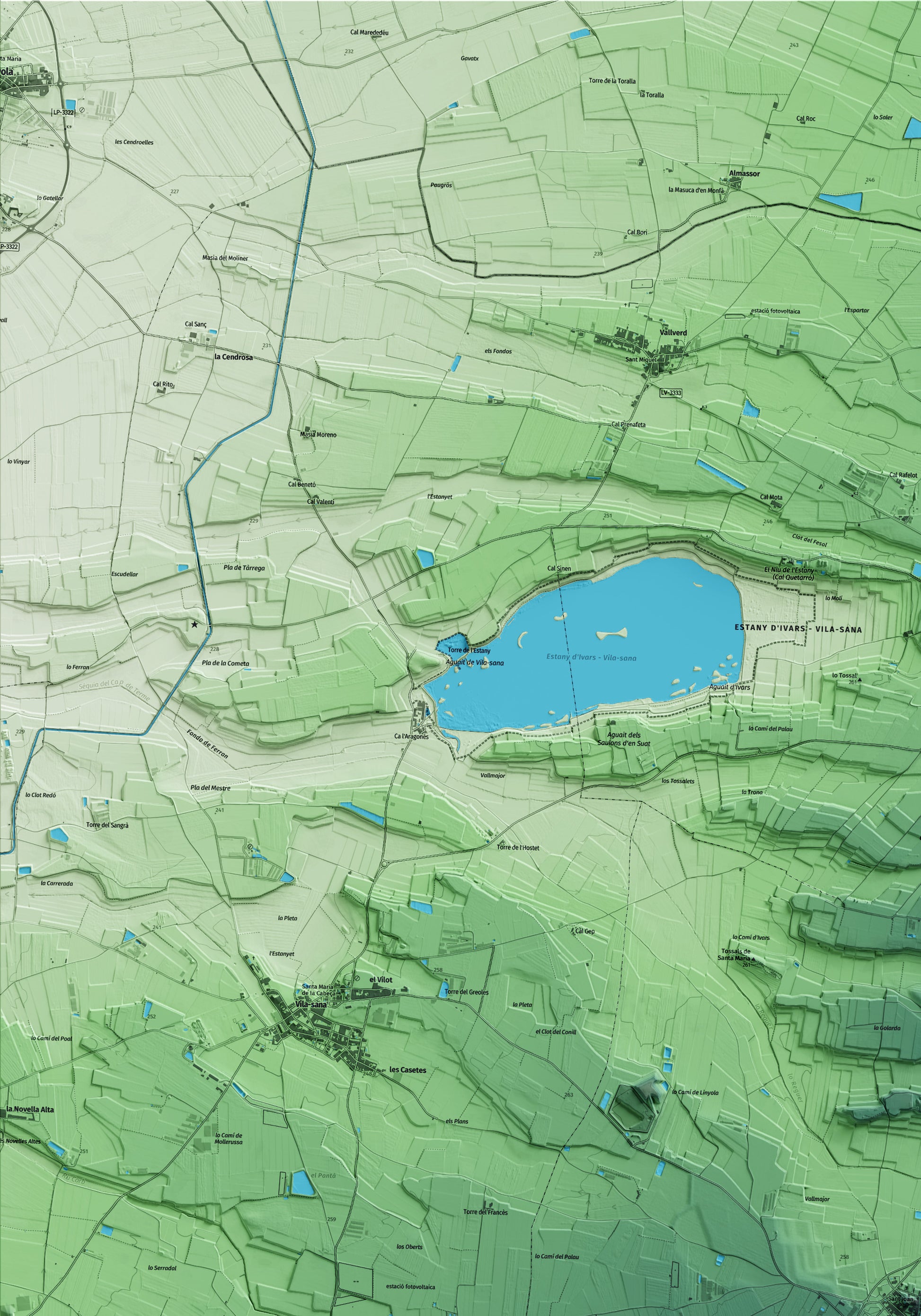 Mapa artístico del relieve de Castellnou de Seana, en el Pla d'Urgell, con 15 km de entorno y base topográfica ICGC. Detalle de la zona superior izquierda.