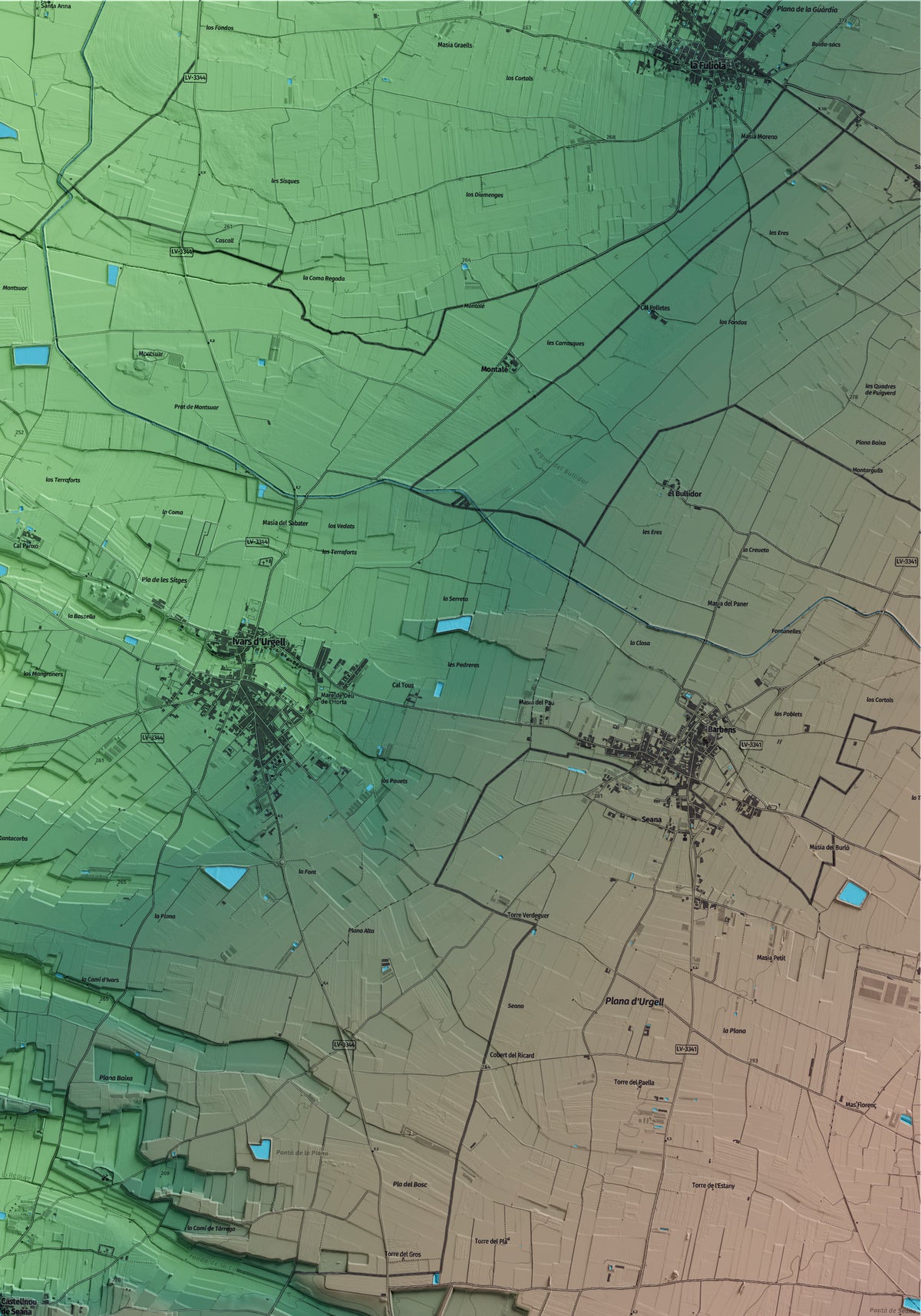 Mapa artístico del relieve de Castellnou de Seana, en el Pla d'Urgell, con 15 km de entorno y base topográfica ICGC. Detalle de la zona superior derecha.