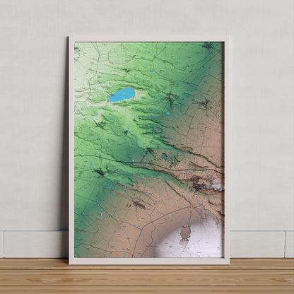 Mapa artístico del relieve de Castellnou de Seana, en el Pla d'Urgell, con 15 km de entorno y base topográfica ICGC. Presentación enmarcada.