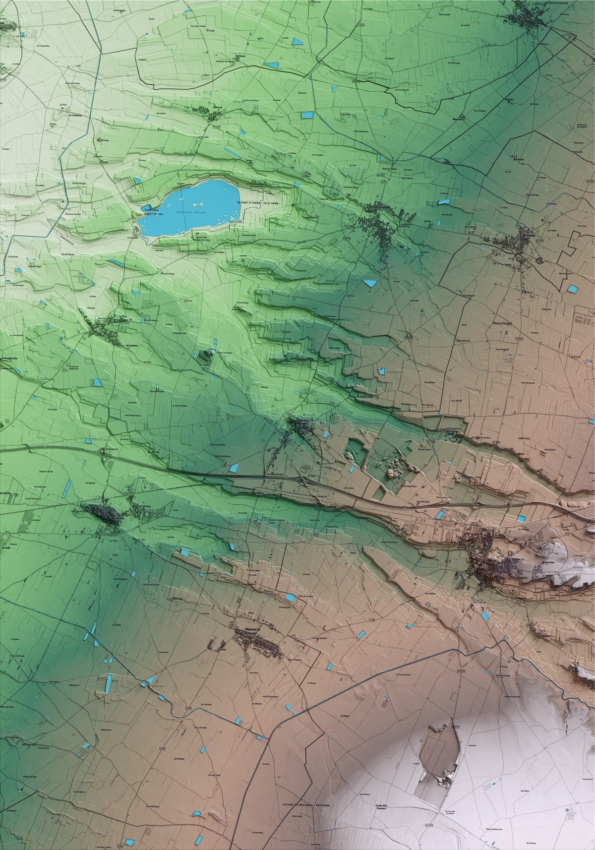Mapa artístico del relieve de Castellnou de Seana, en el Pla d'Urgell, con 15 km de entorno y base topográfica ICGC