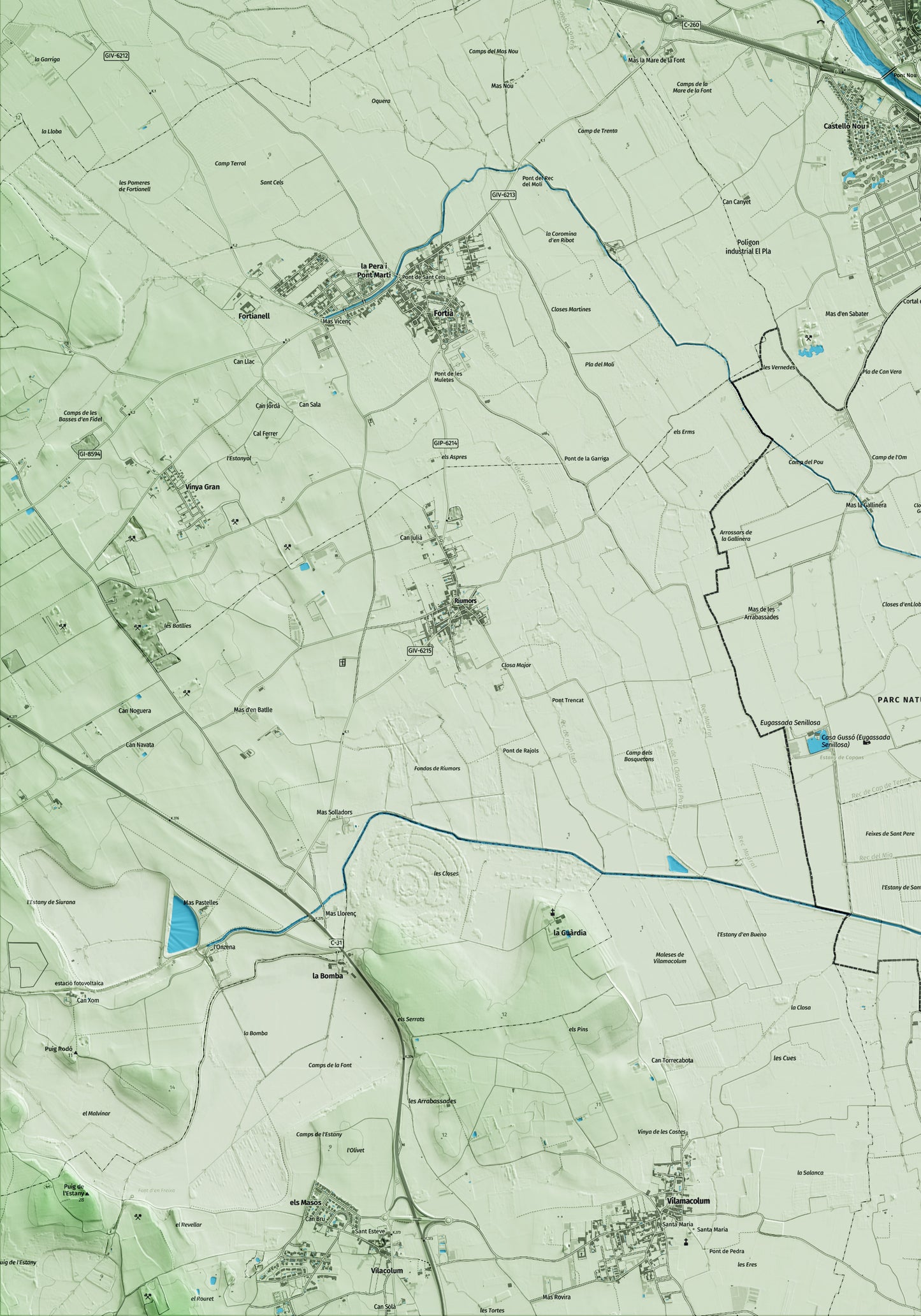 Mapa artístico del relieve de Castelló d'Empúries, al Alt Empordà, con 15 km de entorno y base topográfica ICGC. Detalle de la zona inferior izquierda.