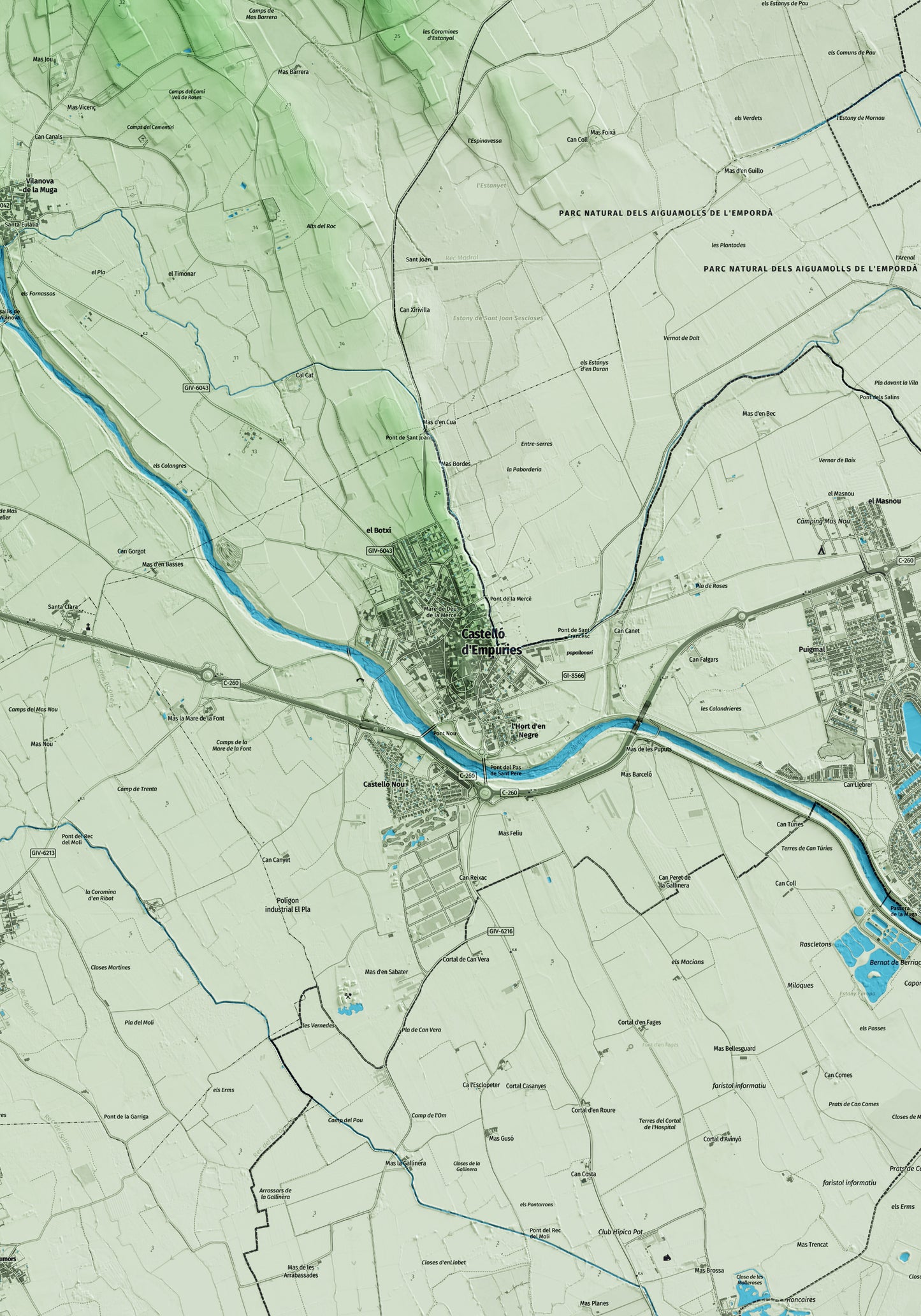 Mapa artístico del relieve de Castelló d'Empúries, al Alt Empordà, con 15 km de entorno y base topográfica ICGC. Detalle de la zona central.