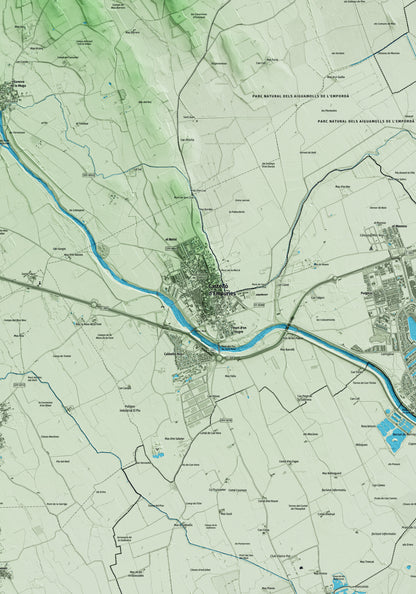 Mapa artístico del relieve de Castelló d'Empúries, al Alt Empordà, con 15 km de entorno y base topográfica ICGC. Detalle de la zona central.