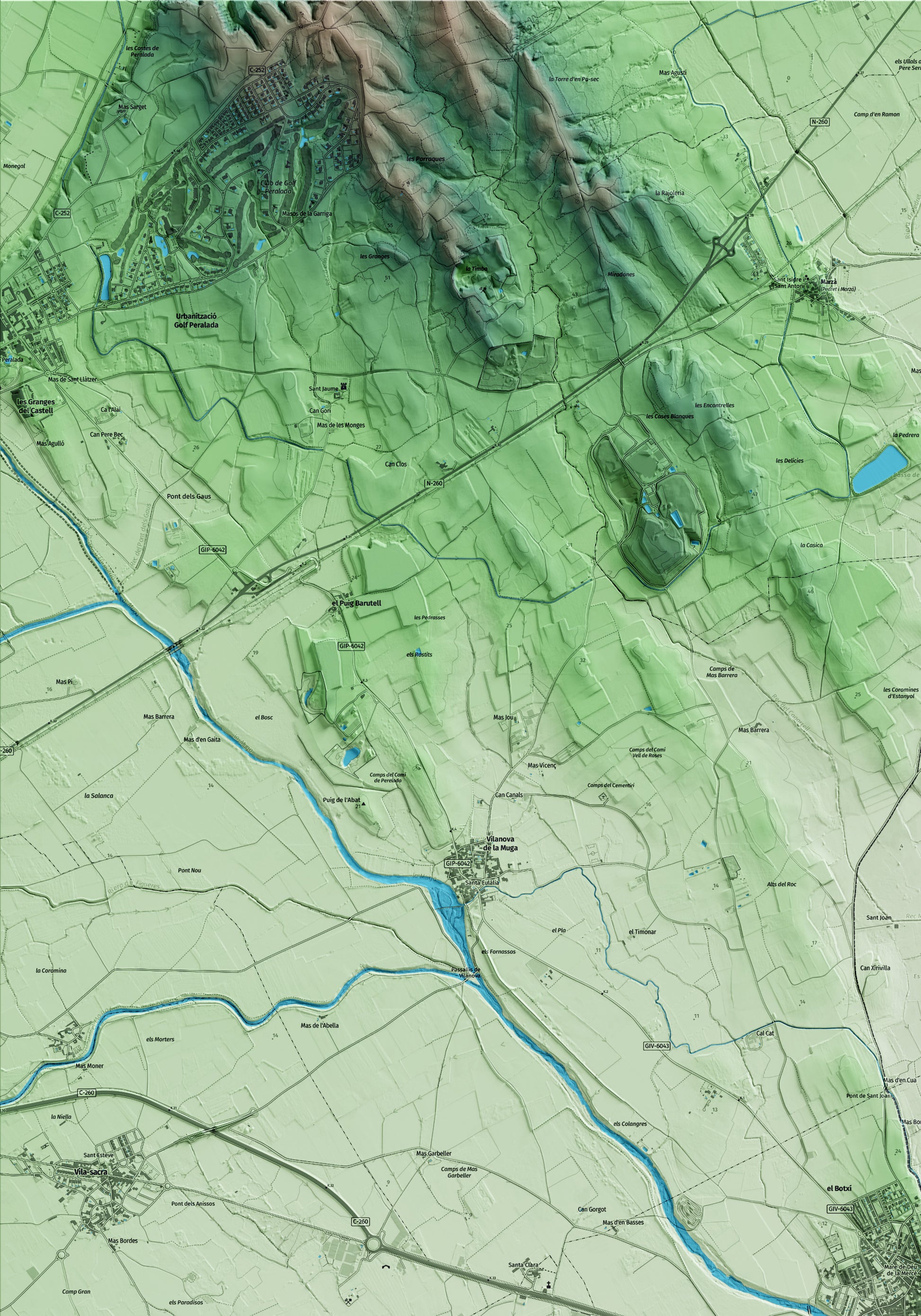 Mapa artístico del relieve de Castelló d'Empúries, al Alt Empordà, con 15 km de entorno y base topográfica ICGC. Detalle de la zona superior izquierda.