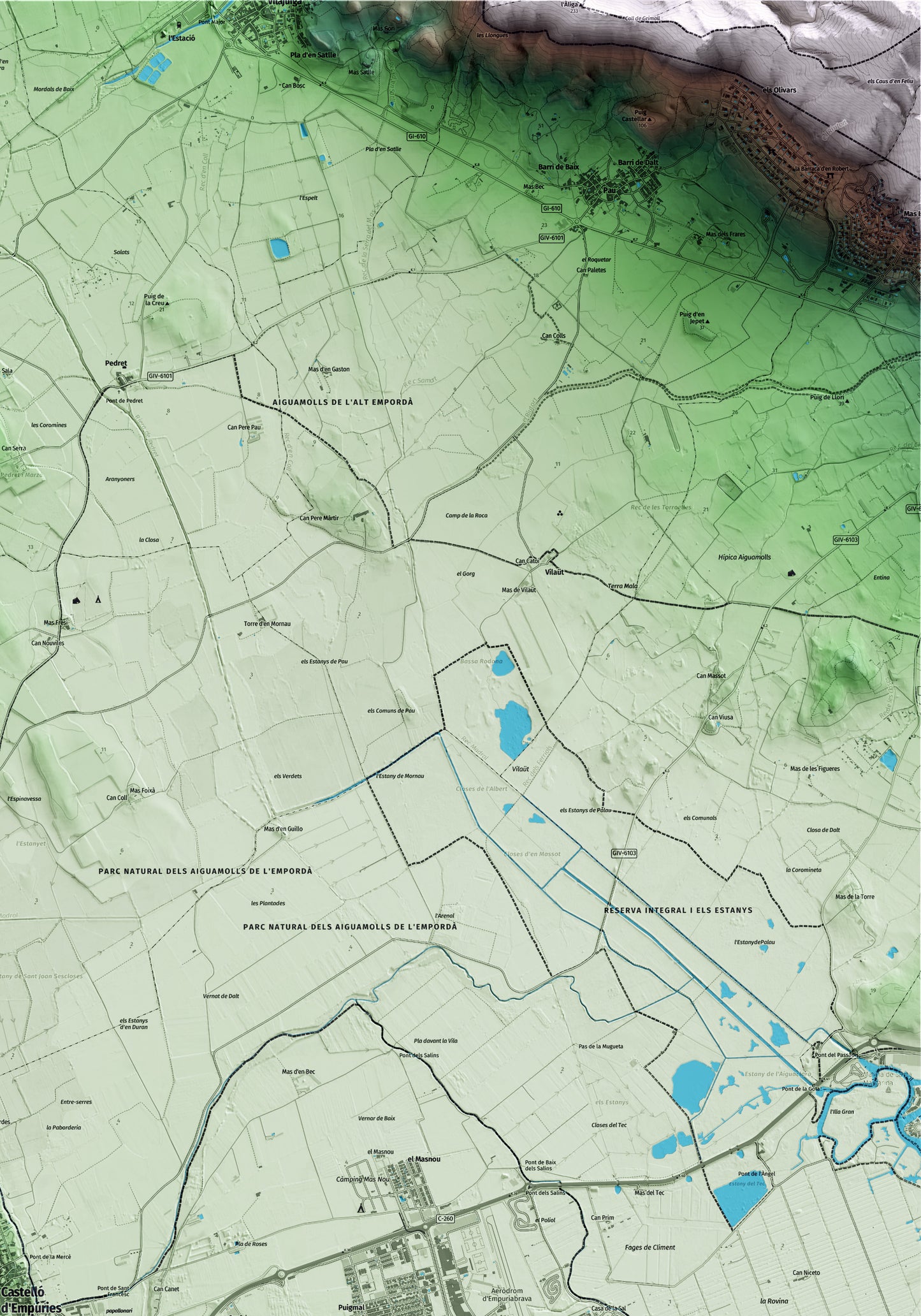 Mapa artístico del relieve de Castelló d'Empúries, al Alt Empordà, con 15 km de entorno y base topográfica ICGC. Detalle de la zona superior derecha.