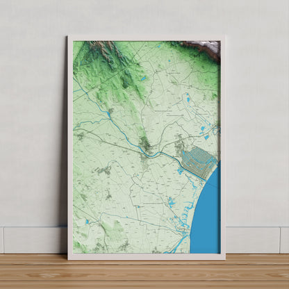 Mapa artístico del relieve de Castelló d'Empúries, al Alt Empordà, con 15 km de entorno y base topográfica ICGC. Presentación enmarcada.