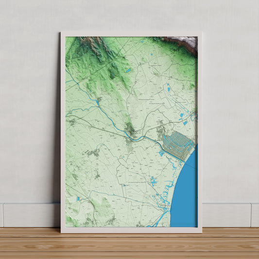 Mapa artístico del relieve de Castelló d'Empúries, al Alt Empordà, con 15 km de entorno y base topográfica ICGC. Presentación enmarcada.