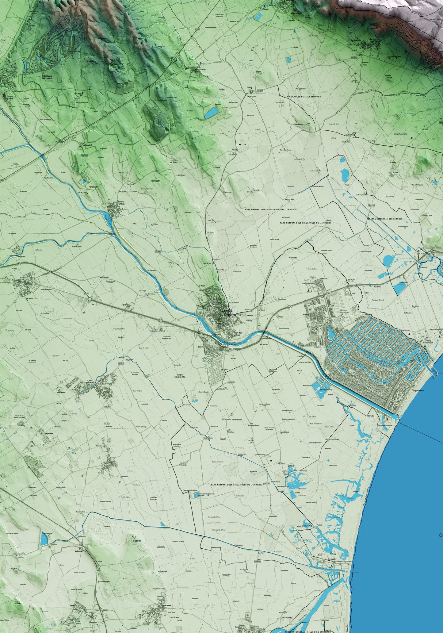 Mapa artístico del relieve de Castelló d'Empúries, al Alt Empordà, con 15 km de entorno y base topográfica ICGC