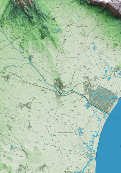 Mapa artístico del relieve de Castelló d'Empúries, al Alt Empordà, con 15 km de entorno y base topográfica ICGC