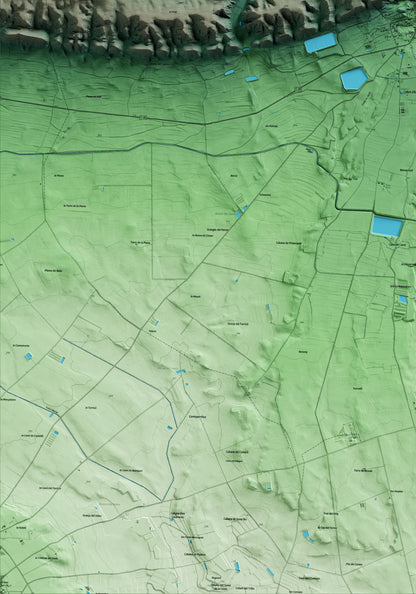 Mapa artístico del relieve de Castelló de Farfanya, a la Noguera, con 15 km de entorno y base topográfica ICGC. Detalle de la zona inferior izquierda.