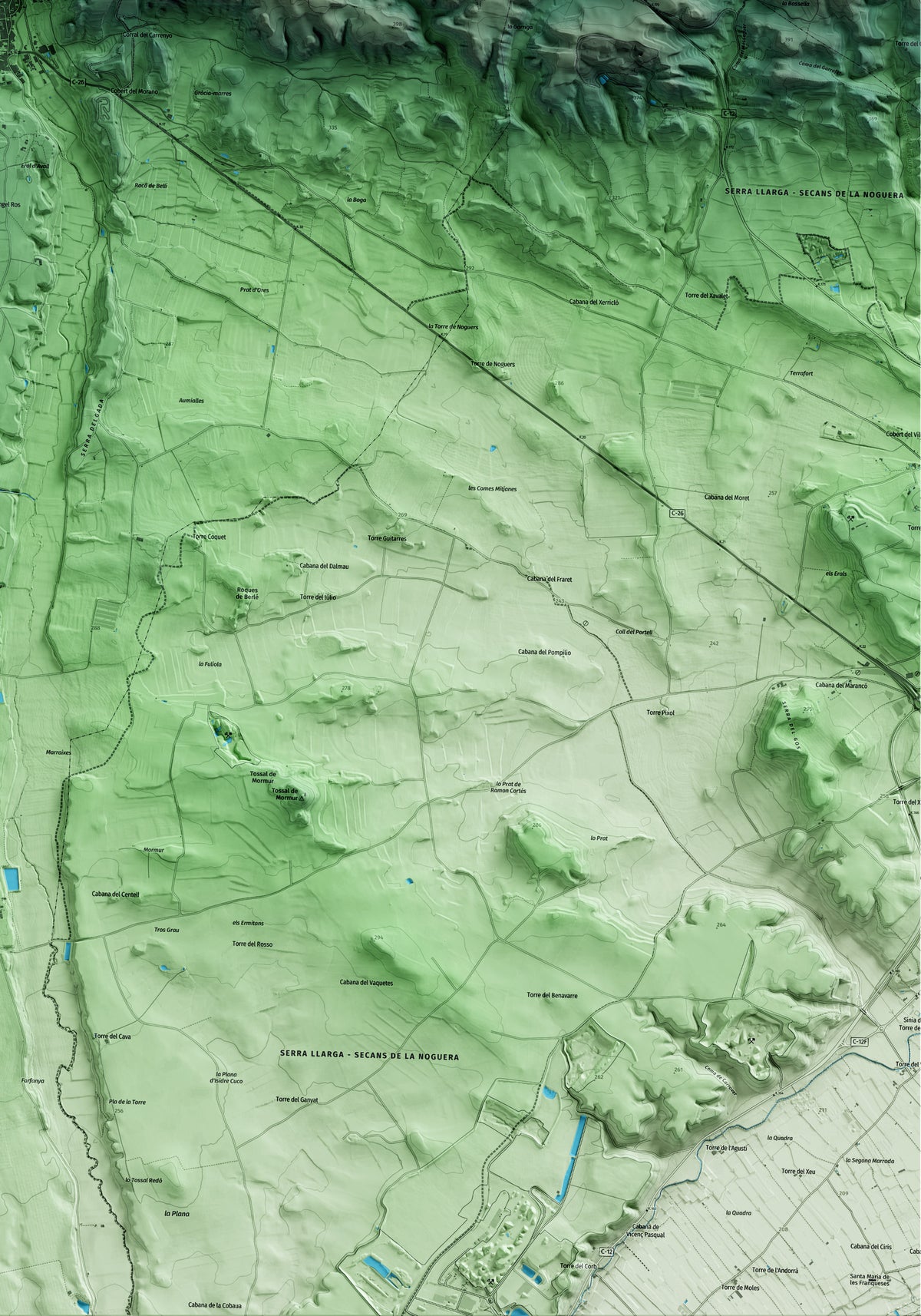 Mapa artístico del relieve de Castelló de Farfanya, a la Noguera, con 15 km de entorno y base topográfica ICGC. Detalle de la zona inferior derecha.
