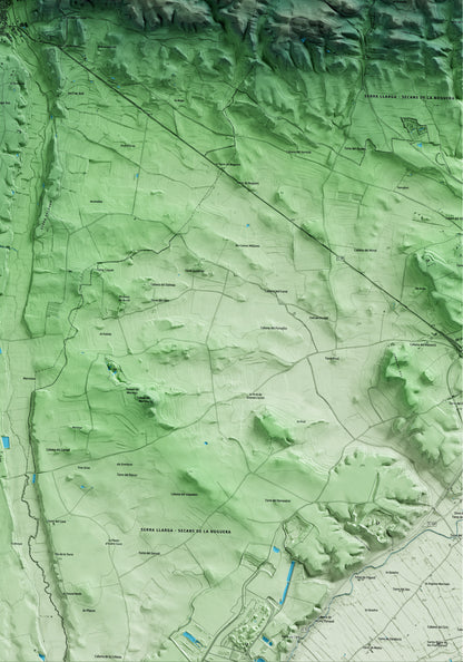 Mapa artístico del relieve de Castelló de Farfanya, a la Noguera, con 15 km de entorno y base topográfica ICGC. Detalle de la zona inferior derecha.