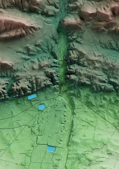 Mapa artístico del relieve de Castelló de Farfanya, a la Noguera, con 15 km de entorno y base topográfica ICGC. Detalle de la zona central.