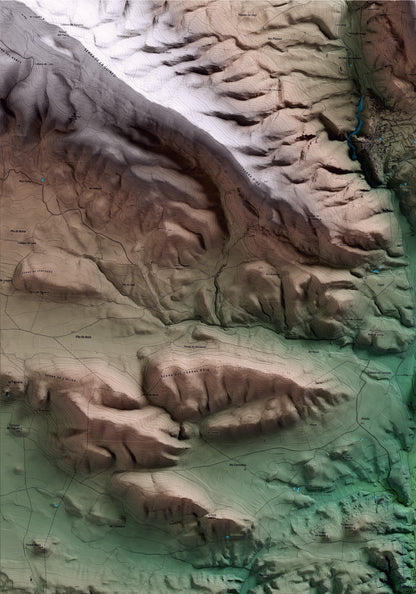 Mapa artístico del relieve de Castelló de Farfanya, a la Noguera, con 15 km de entorno y base topográfica ICGC. Detalle de la zona superior izquierda.