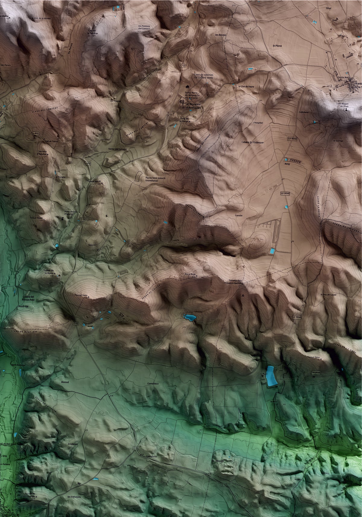 Mapa artístico del relieve de Castelló de Farfanya, a la Noguera, con 15 km de entorno y base topográfica ICGC. Detalle de la zona superior derecha.