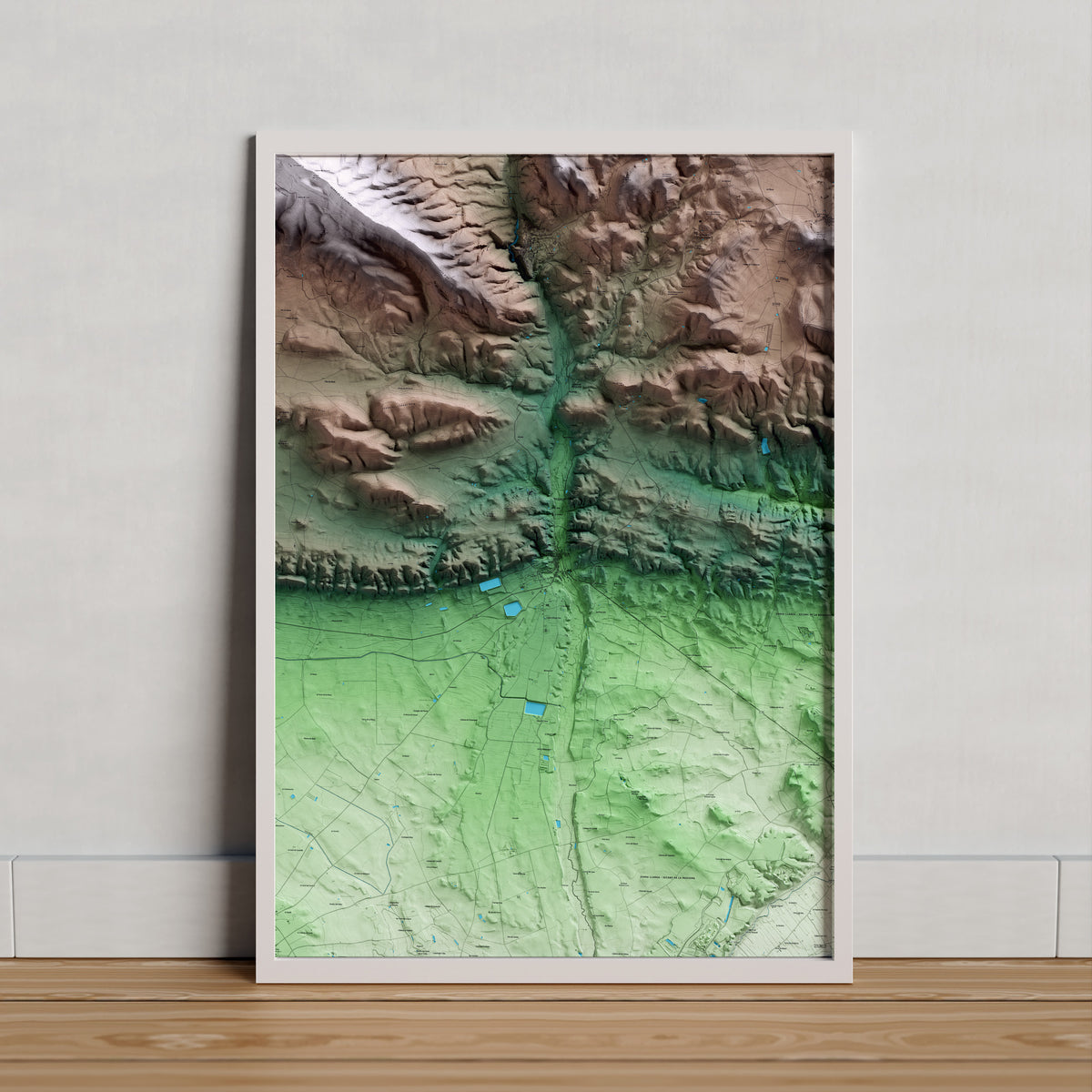 Mapa artístico del relieve de Castelló de Farfanya, a la Noguera, con 15 km de entorno y base topográfica ICGC. Presentación enmarcada.