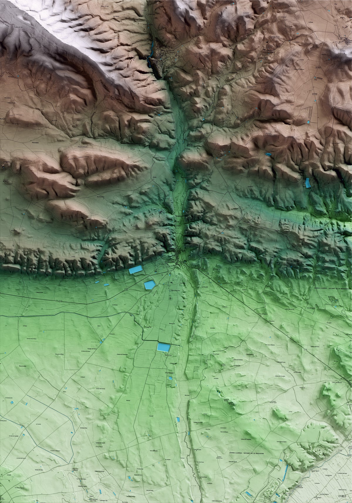 Mapa artístico del relieve de Castelló de Farfanya, a la Noguera, con 15 km de entorno y base topográfica ICGC