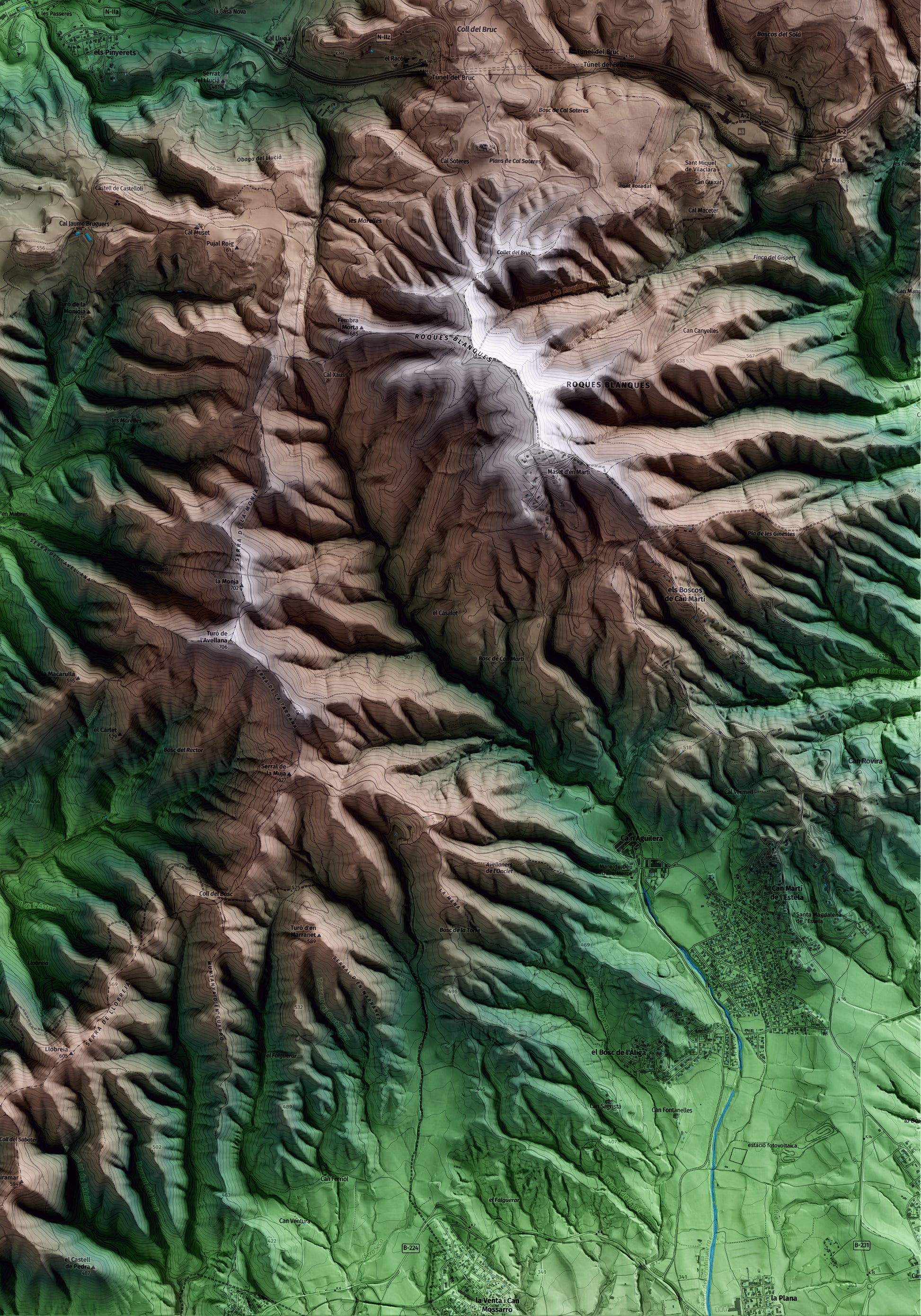 Mapa artístico del relieve de Castellolí, al Anoia, con 15 km de entorno y base topográfica ICGC. Detalle de la zona inferior derecha.