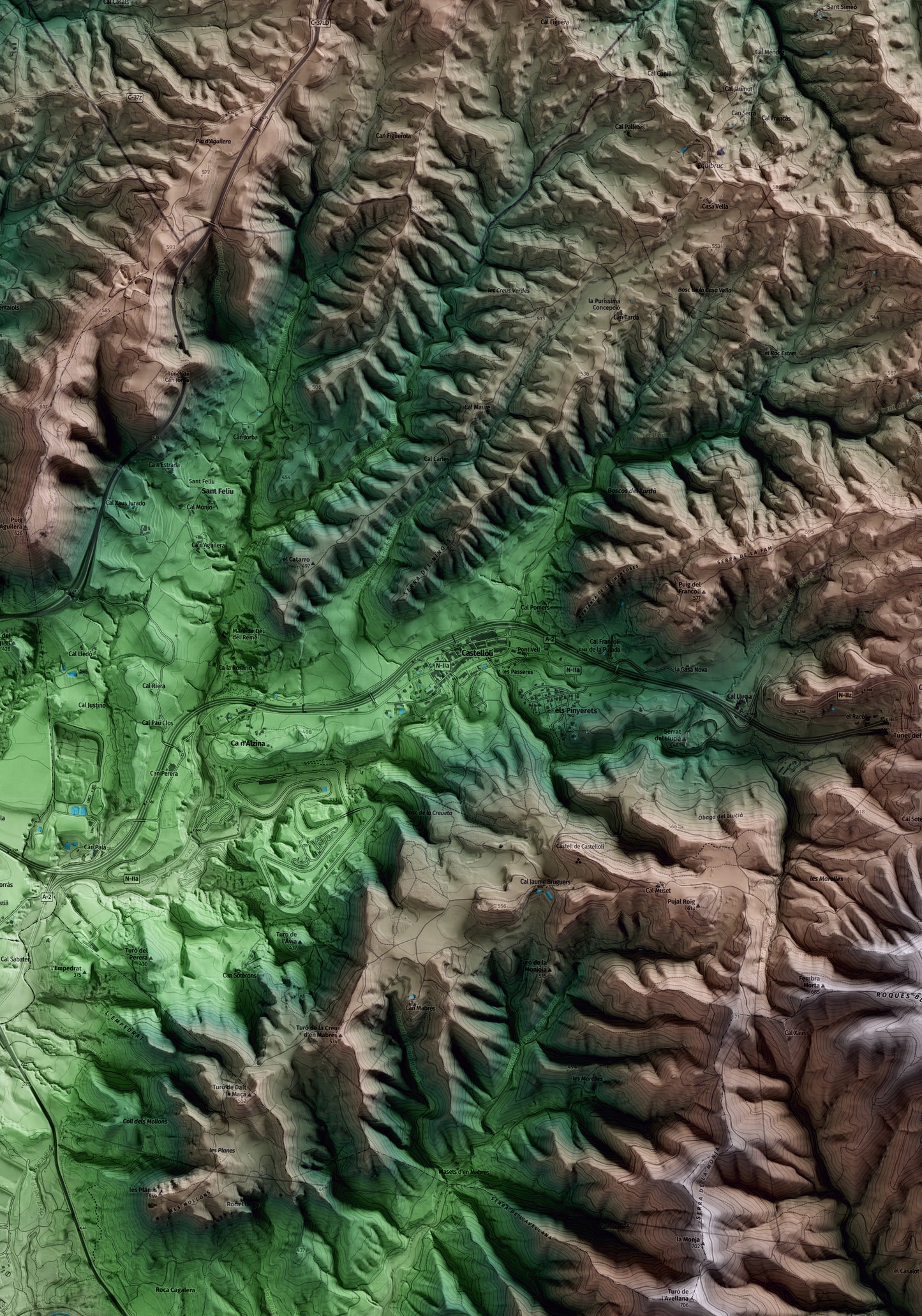 Mapa artístico del relieve de Castellolí, al Anoia, con 15 km de entorno y base topográfica ICGC. Detalle de la zona central.