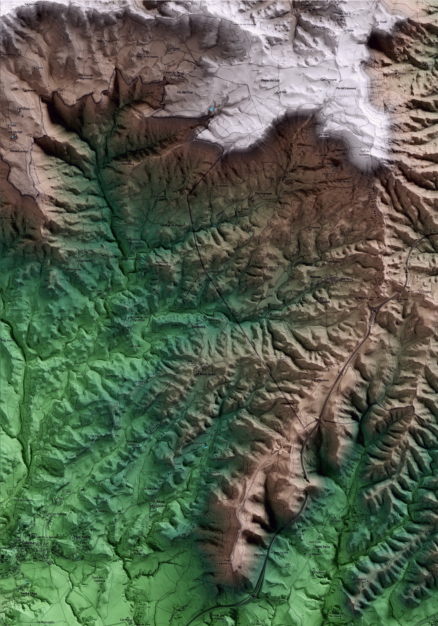 Mapa artístico del relieve de Castellolí, al Anoia, con 15 km de entorno y base topográfica ICGC. Detalle de la zona superior izquierda.