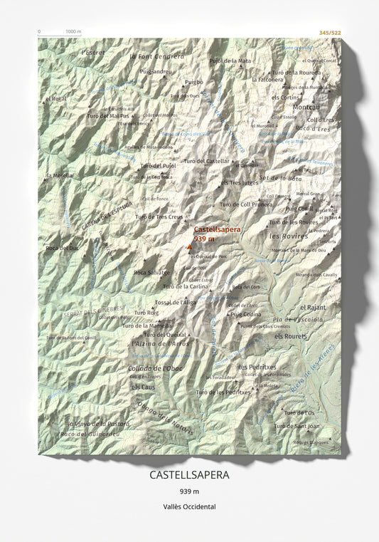Mapa de relieve de Castellsapera, 939 m, Vallès Occidental, lámina 100 Cims de Trobart 21 × 30 cm.