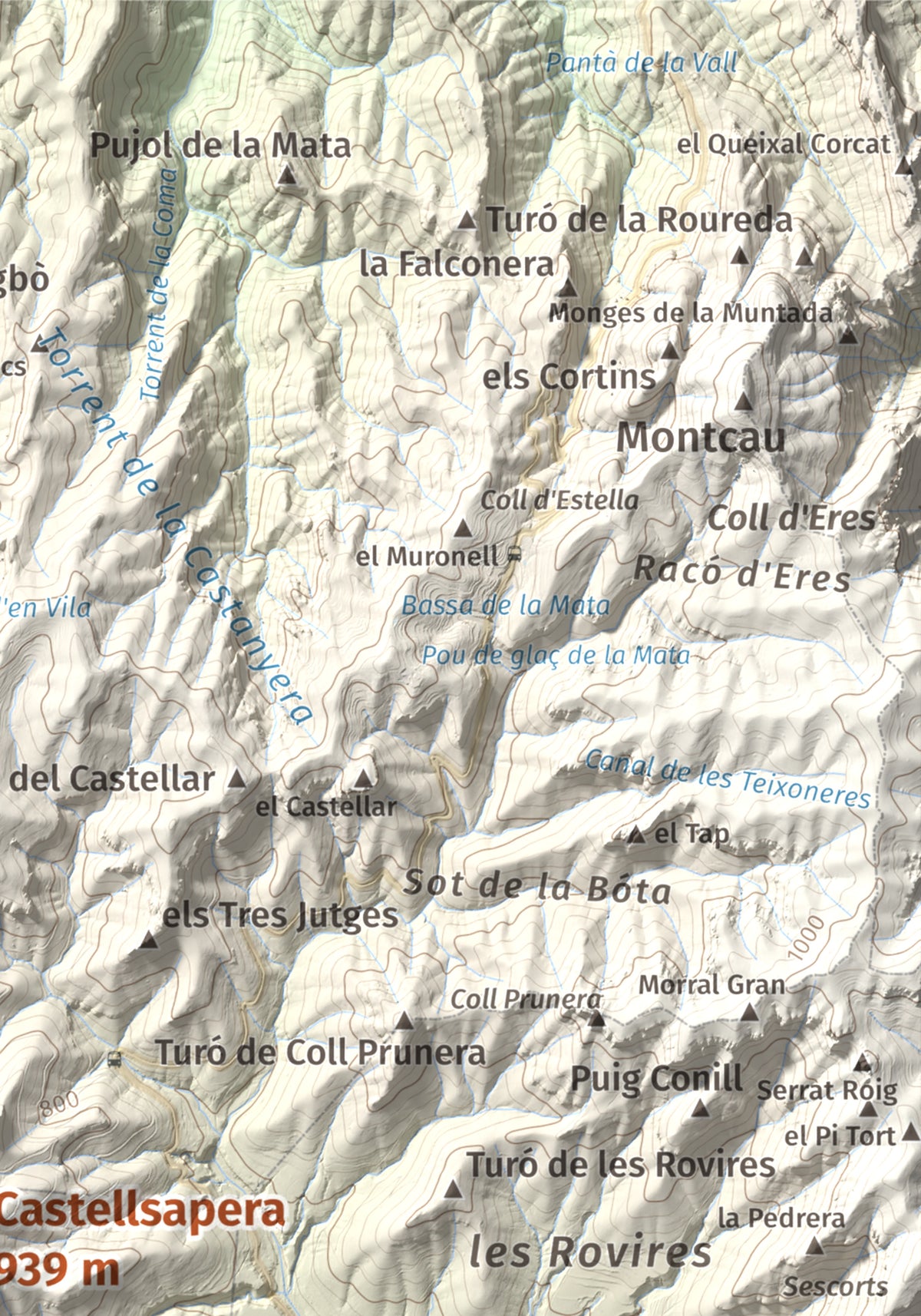 Mapa de relieve de Castellsapera, 939 m, Vallès Occidental, lámina 100 Cims de Trobart. Detalle de la zona superior derecha. 21 × 30 cm.