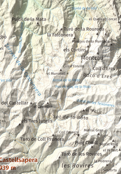 Mapa de relieve de Castellsapera, 939 m, Vallès Occidental, lámina 100 Cims de Trobart. Detalle de la zona superior derecha. 21 × 30 cm.