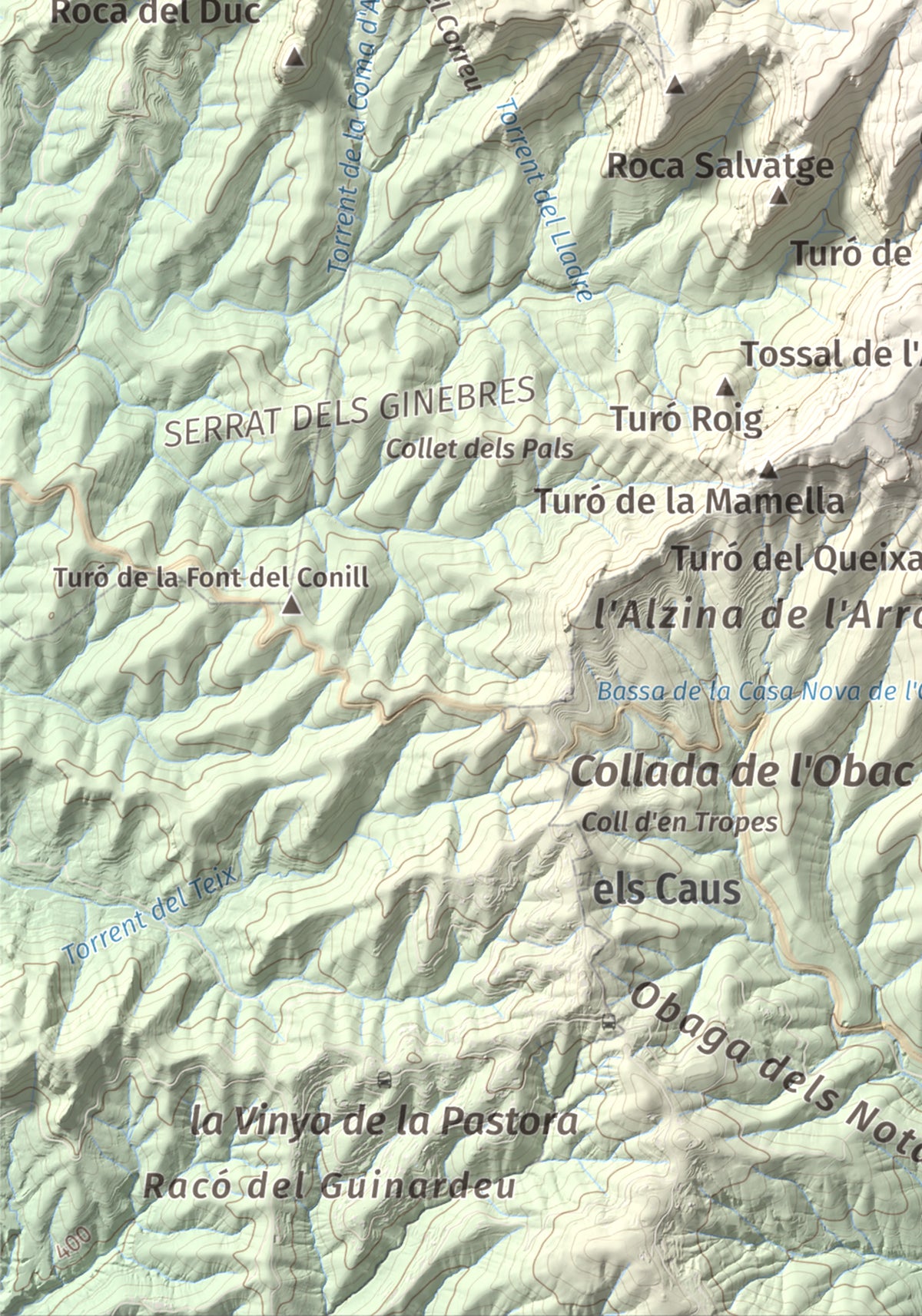 Mapa de relieve de Castellsapera, 939 m, Vallès Occidental, lámina 100 Cims de Trobart. Detalle de la zona inferior izquierda. 21 × 30 cm.