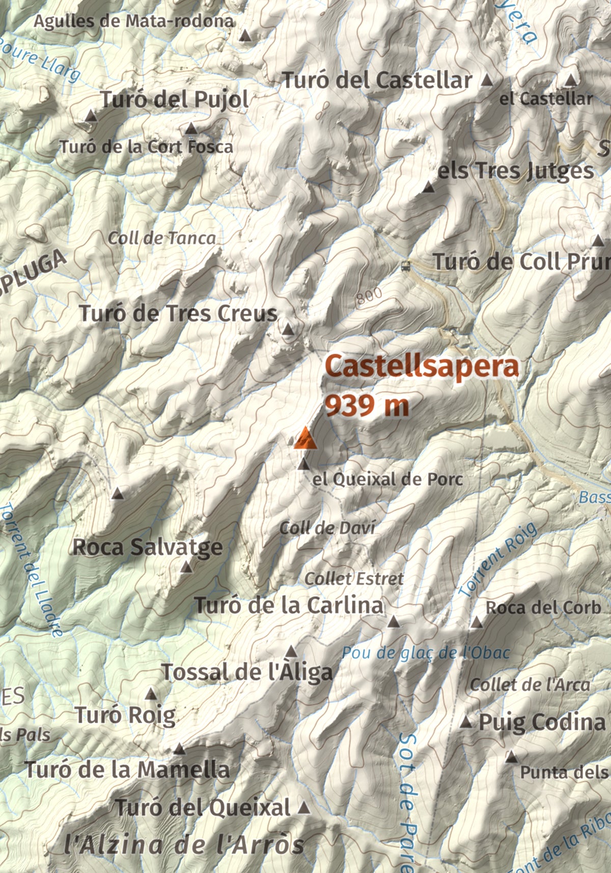 Mapa de relieve de Castellsapera, 939 m, Vallès Occidental, lámina 100 Cims de Trobart. Detalle de la zona central. 21 × 30 cm.
