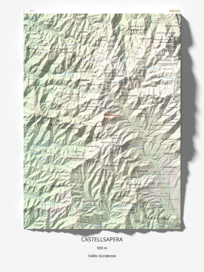 Mapa de relieve de Castellsapera, 939 m, Vallès Occidental, lámina 100 Cims de Trobart 30 × 40 cm.