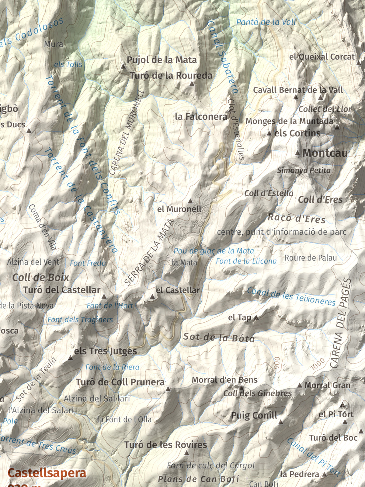 Mapa de relieve de Castellsapera, 939 m, Vallès Occidental, lámina 100 Cims de Trobart. Detalle de la zona superior derecha. 30 × 40 cm.