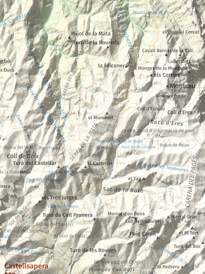 Mapa de relieve de Castellsapera, 939 m, Vallès Occidental, lámina 100 Cims de Trobart. Detalle de la zona superior derecha. 30 × 40 cm.