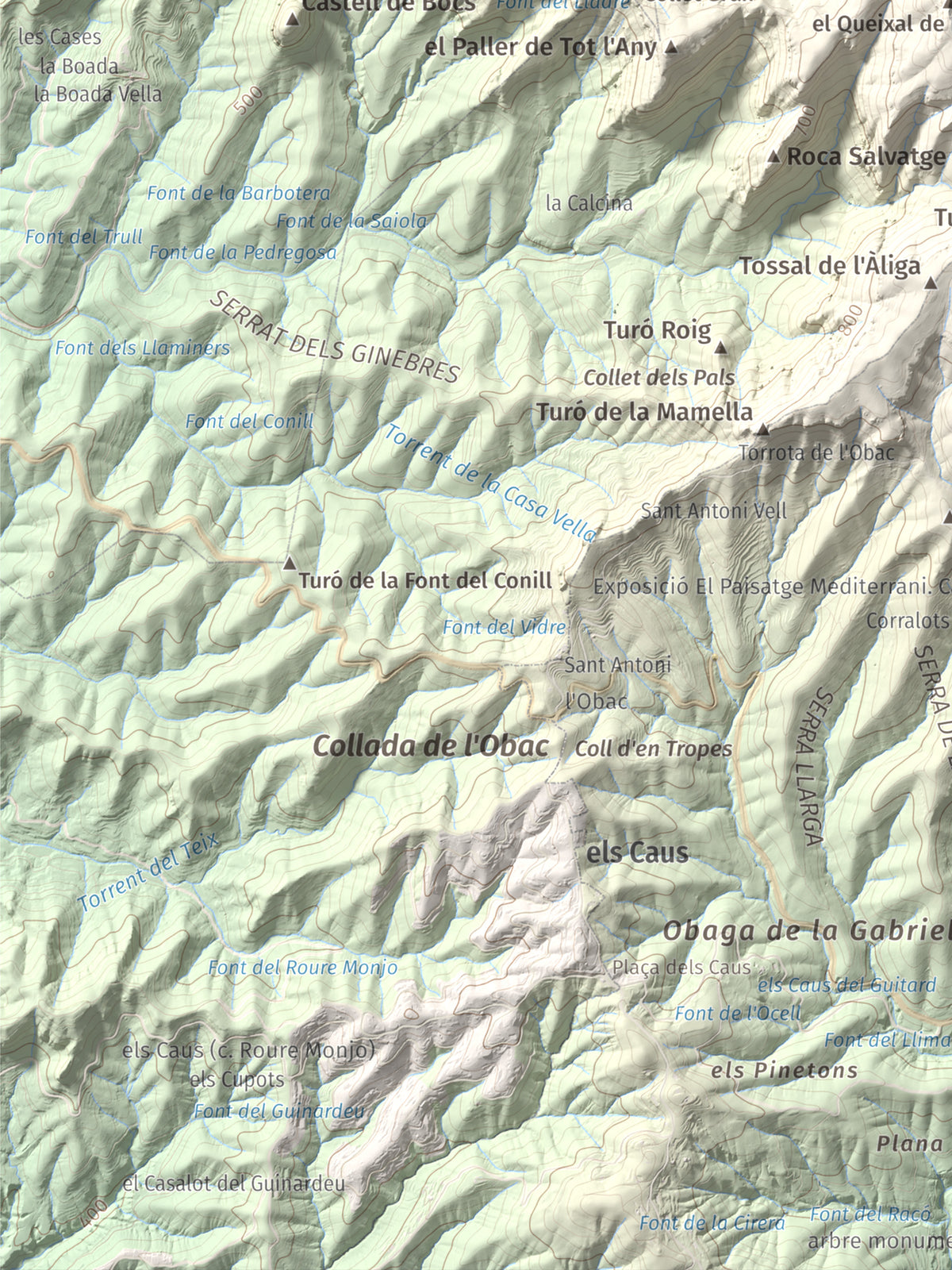 Mapa de relieve de Castellsapera, 939 m, Vallès Occidental, lámina 100 Cims de Trobart. Detalle de la zona inferior izquierda. 30 × 40 cm.