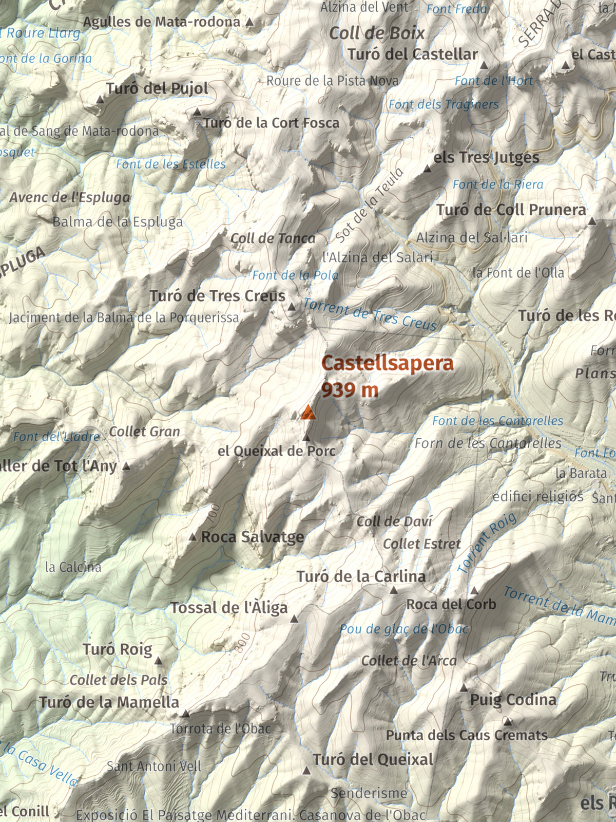 Mapa de relieve de Castellsapera, 939 m, Vallès Occidental, lámina 100 Cims de Trobart. Detalle de la zona central. 30 × 40 cm.