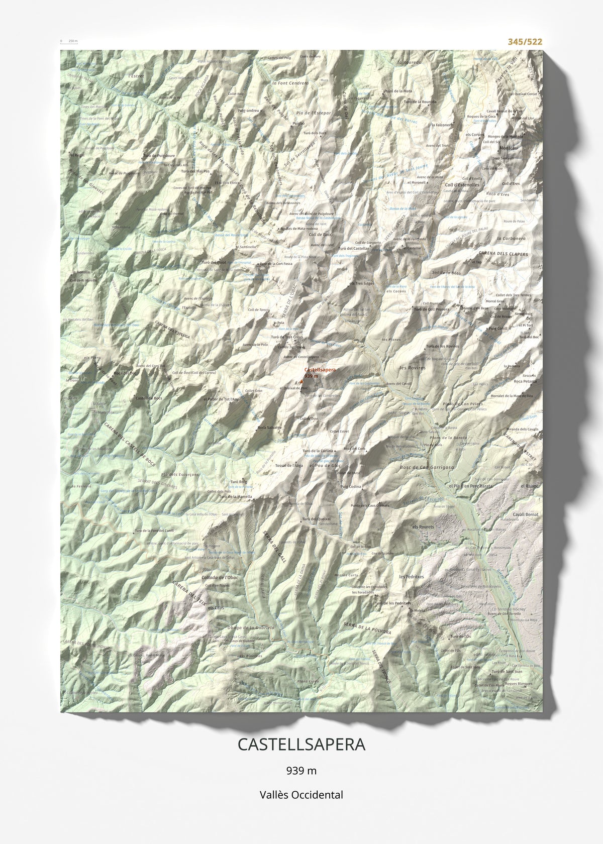 Mapa de relieve de Castellsapera, 939 m, Vallès Occidental, lámina 100 Cims de Trobart 50 × 70 cm.