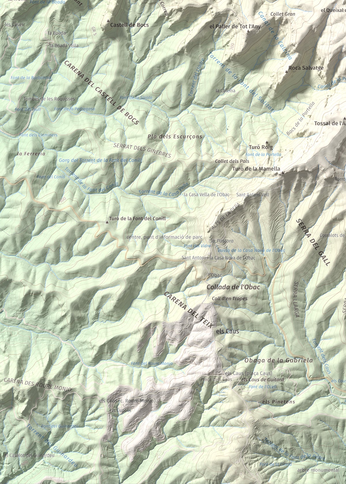 Mapa de relieve de Castellsapera, 939 m, Vallès Occidental, lámina 100 Cims de Trobart. Detalle de la zona inferior izquierda. 50 × 70 cm.